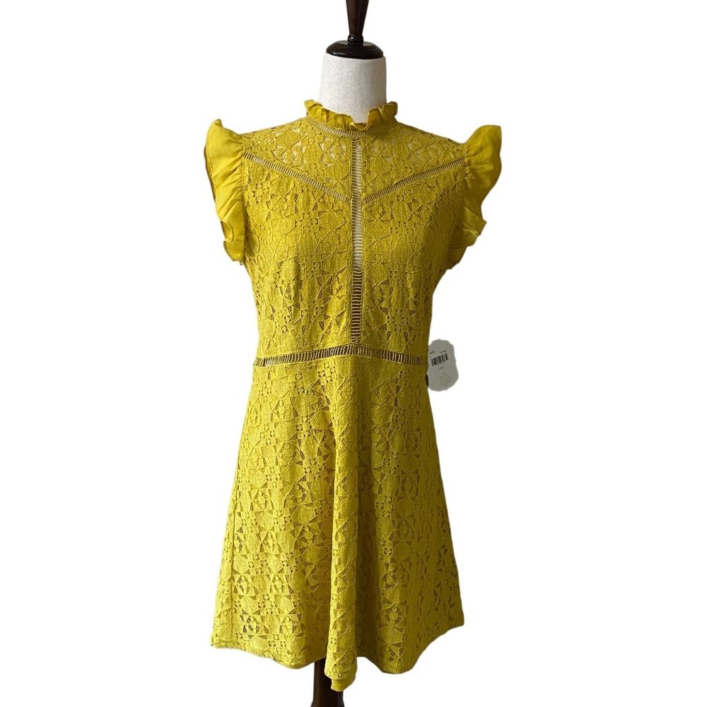 Altar'd State Mustard Yellow Lace Dress Women Large Ruffle Neck‎ Cut Outs NWT
